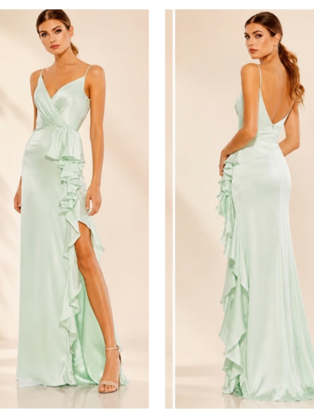 Mac Duggal Pistachio Green Satin Ruffle Gown